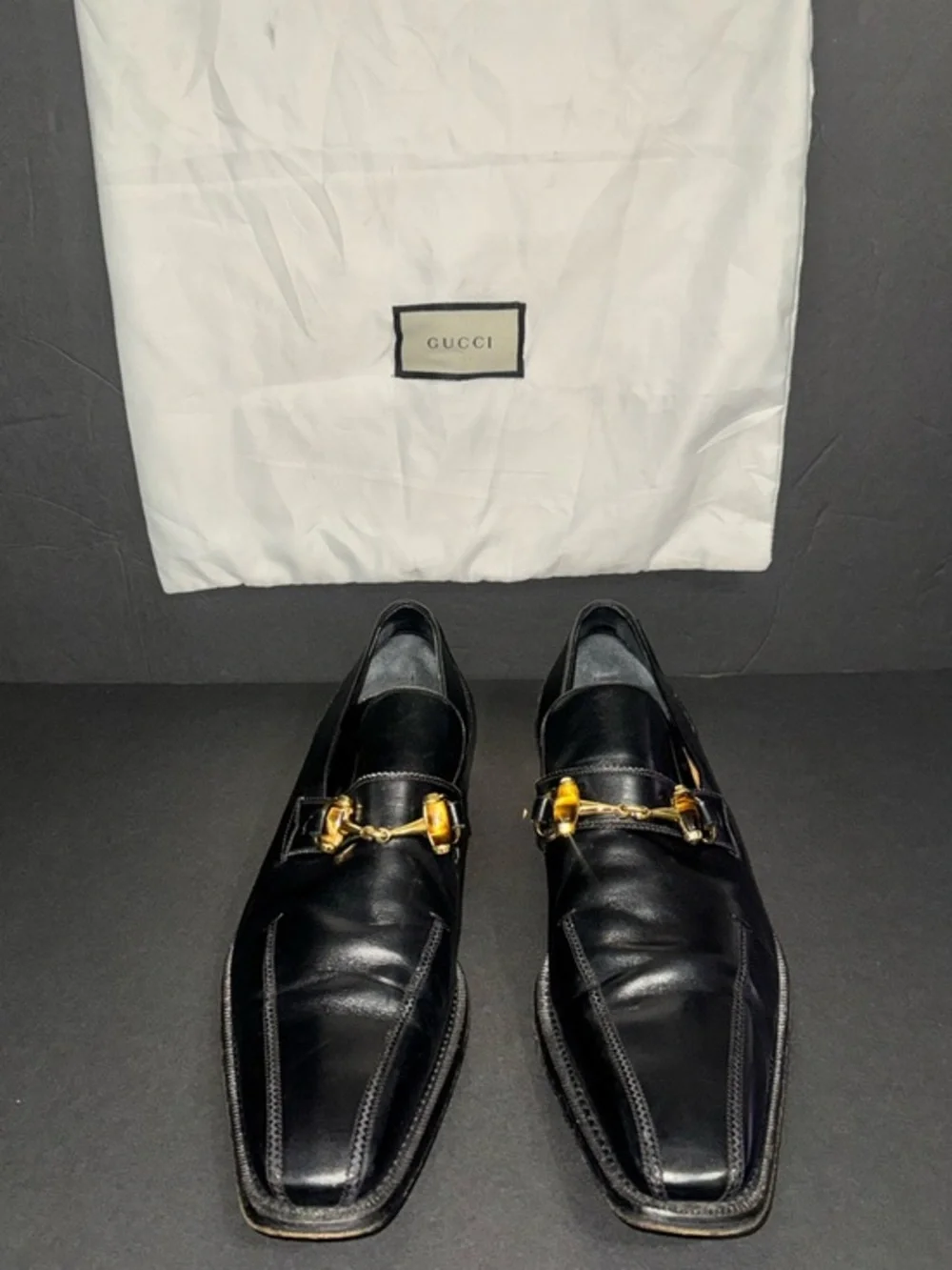 Gucci Black Leather Horsebit Square-Toe Loafers